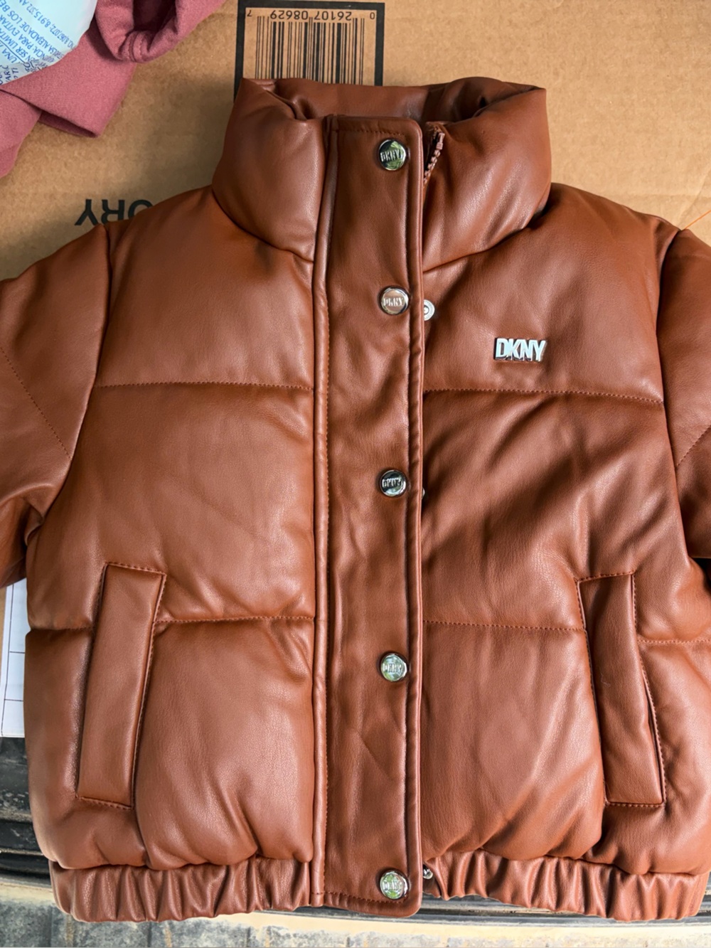DKNY Chestnut Brown Quilted Faux-Leather Puffer Jacket
